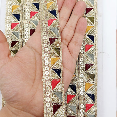 Gold Sequin Border With Multicoloured Triangle Embroidery, Beige Shimmer Lace Trim, Decorative Trim